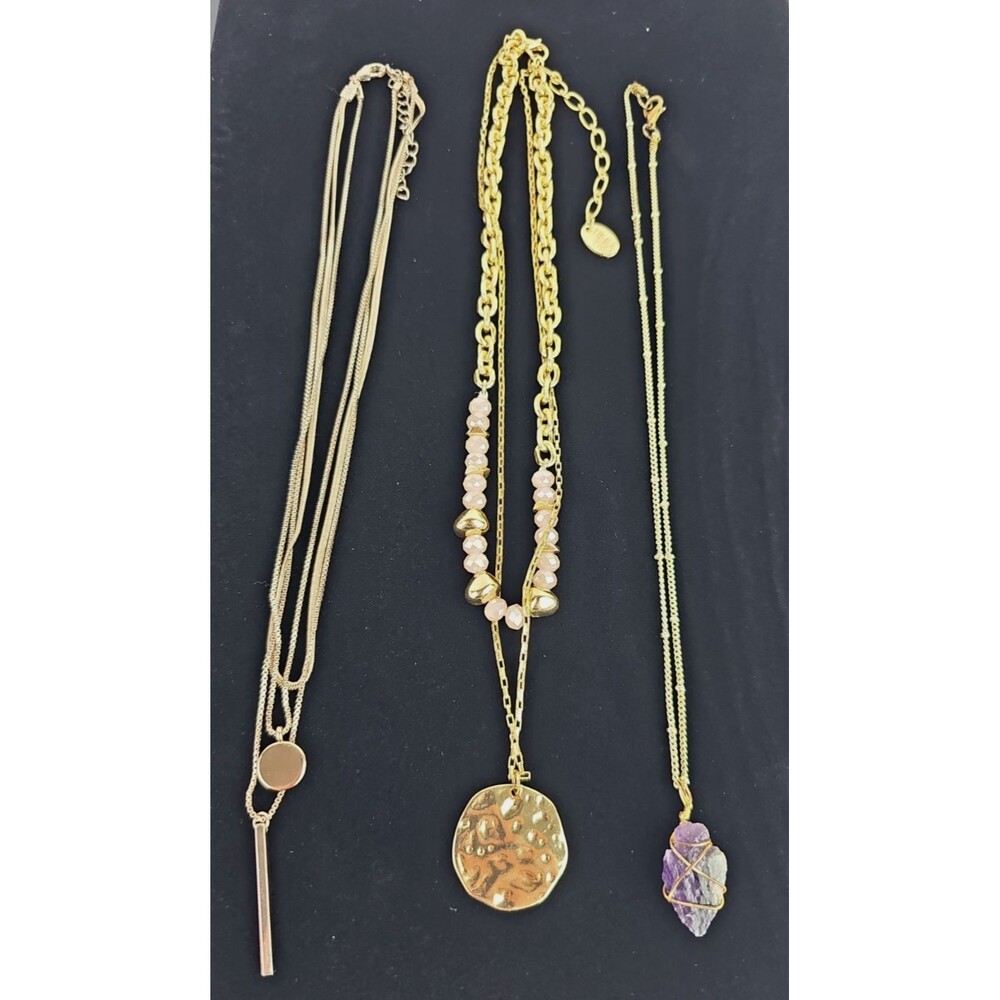 Three Gold Tone Layered Chain Necklace with Pendants Purple Raw Stone Medallion